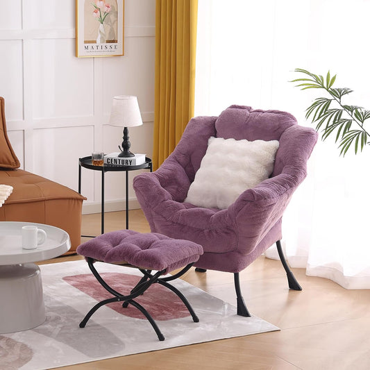 Lazy Chair with Ottoman, Modern Large Accent Lounge Chair with a Pillow, Leisure Sofa Armchair with Ottoman, Reading Chair with Footrest for Bedroom, Living Room, Dorm Rooms,Plush Purple