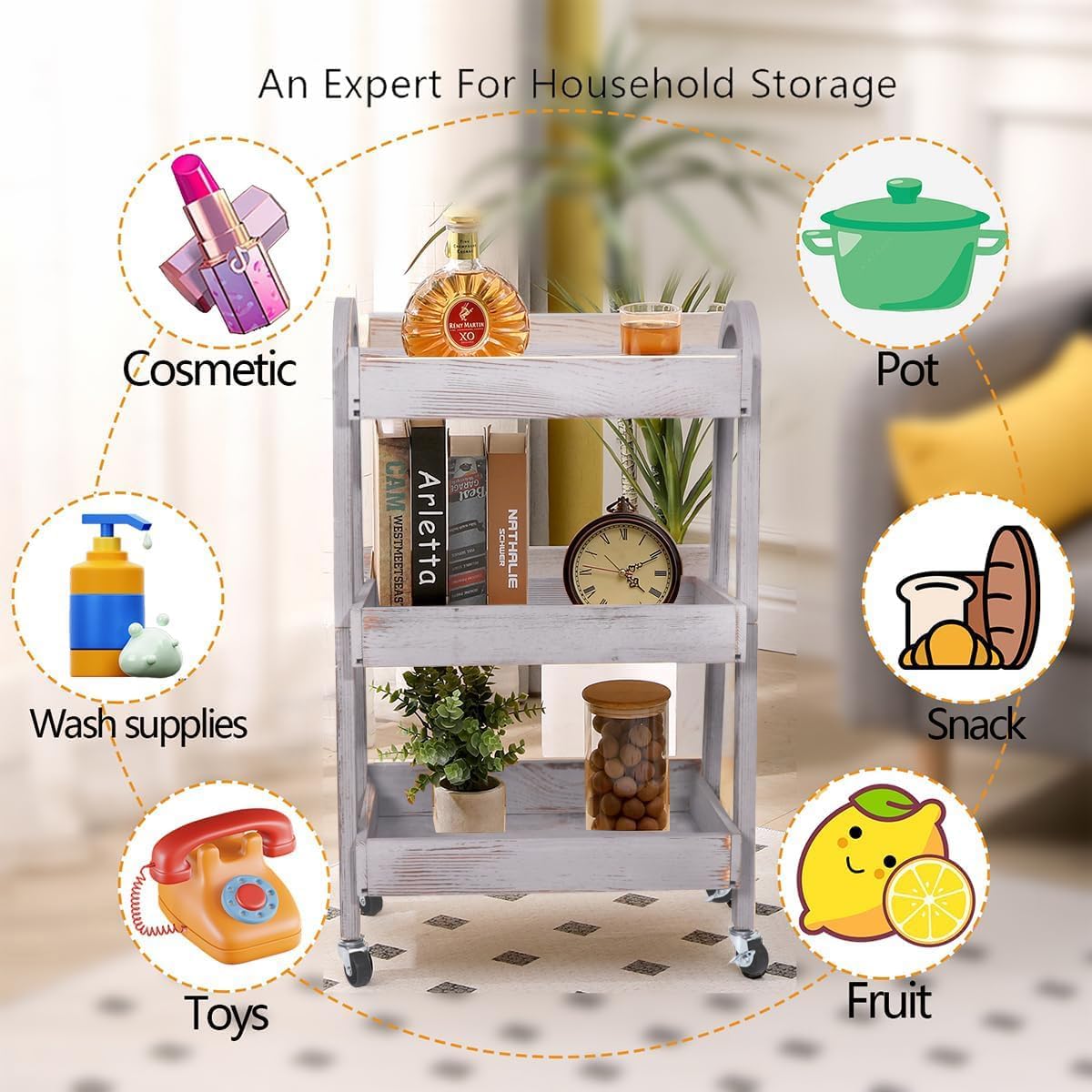 3-Tier Rolling Utility Cart with Lockable Wheels Storage Slim Storage Heavy Duty Cart Mobile Shelving Unit Craft Narrow Organizer for Bathroom Laundry Kitchen (Vintage Grey)