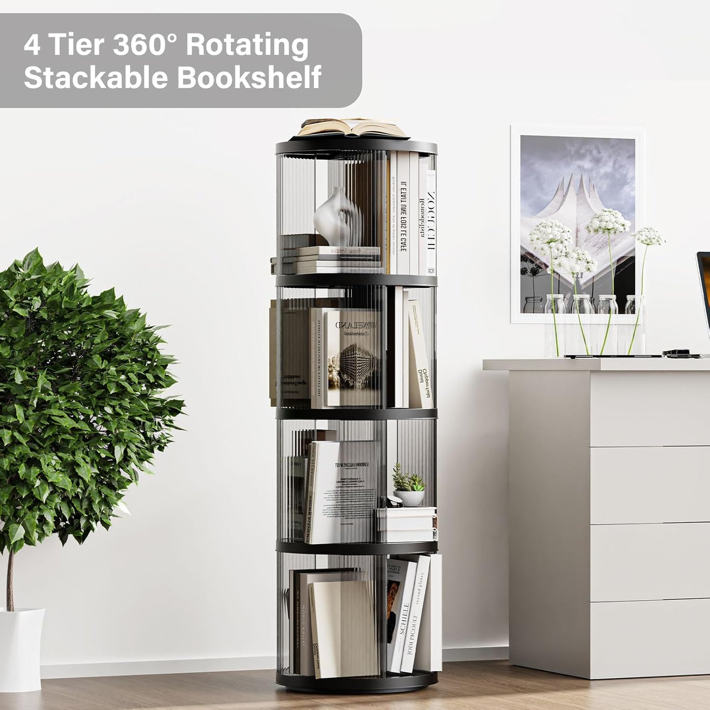 4 Tier Rotating Bookshelf, Small Corner Bookshelf for Small Space, 360 Display Floor Standing Bookcase, Lazy Susan Plastic Narrow Book Organizer for Bedroom, Living Room, Round, Black