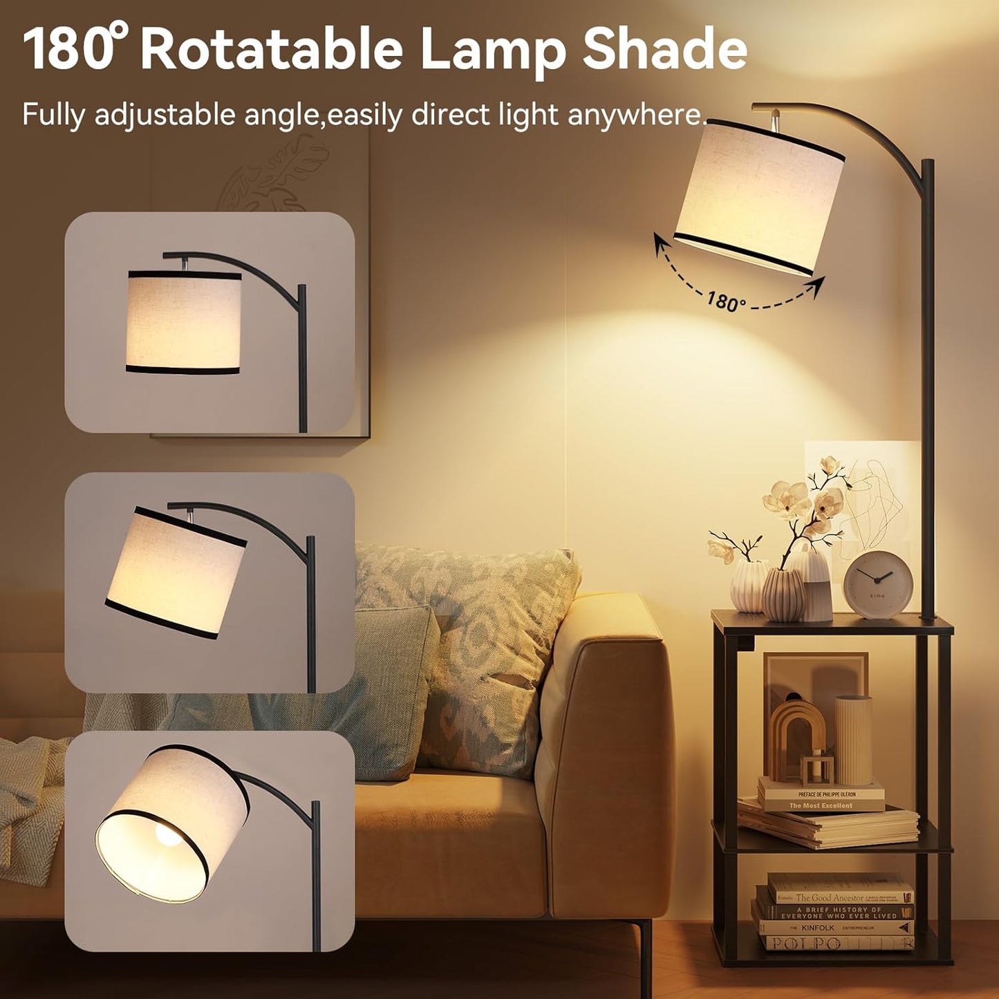 SUNMORY Floor Lamp with Table, End Table for Living Room with Lamp, Shelves Side Table with Charging Station(USB & AC Port), 3 Color Temperature LED Bulb, Modern Nightstand Lamp for Bedroom, Office