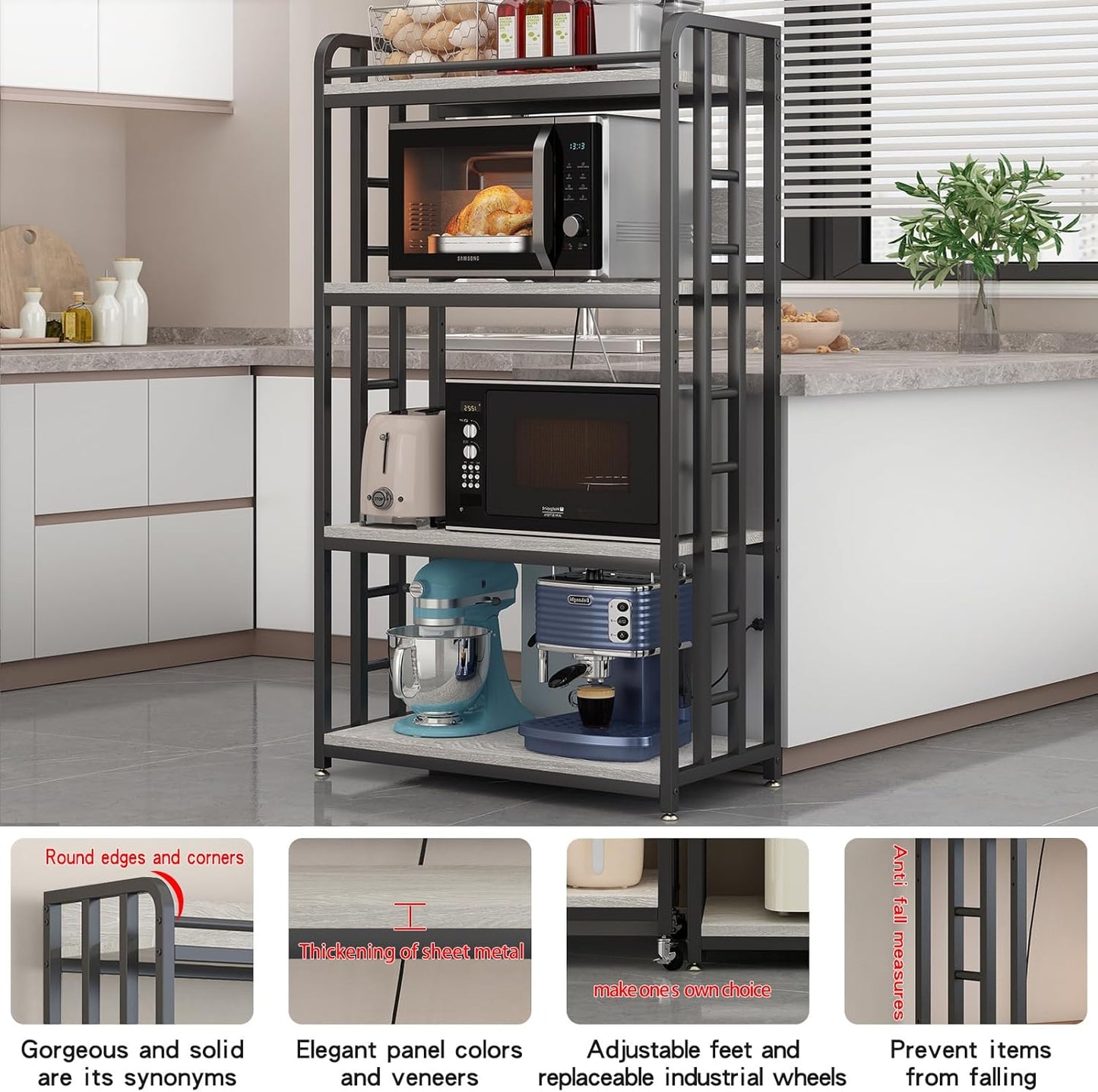 Adjustable 4-Tier Heavy Duty Kitchen Baker's Rack with Power Outlet, with Industrial Wheels, Free Standing Microwave Oven Cart Stand for Storage in Living Room, Garage, Greige