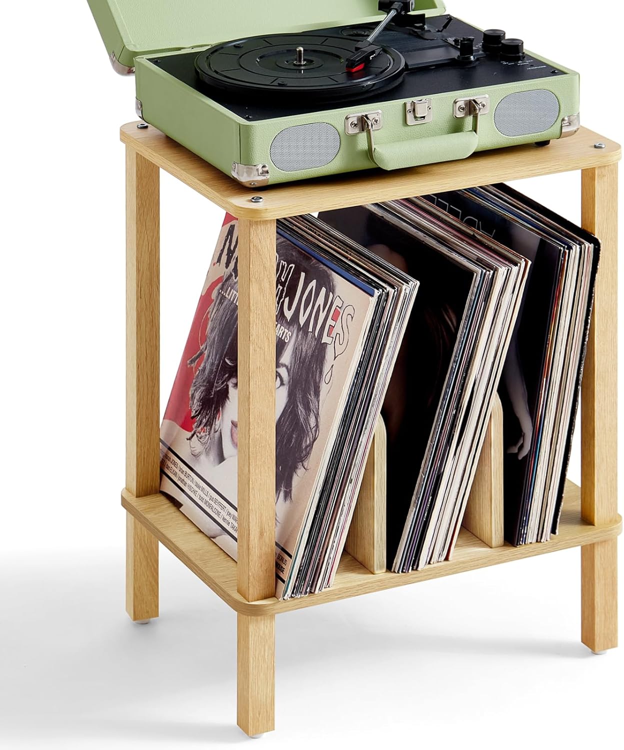 LELELINKY 2-Tier Bamboo Record Player Stand with Vinyl Record Storage up to 100 Albums, Boho Bedroom Record Holder and Multi-Functional End Table for Living Room, Natural