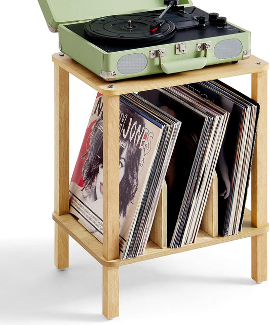 LELELINKY 2-Tier Bamboo Record Player Stand with Vinyl Record Storage up to 100 Albums, Boho Bedroom Record Holder and Multi-Functional End Table for Living Room, Natural