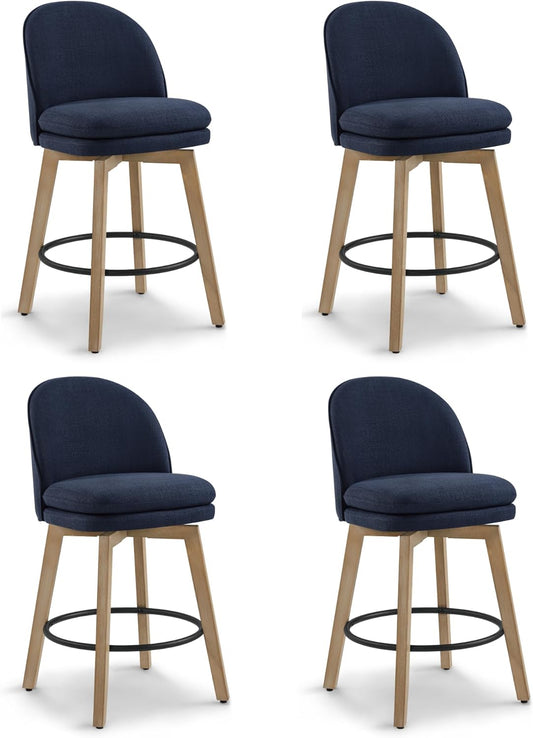 Counter Height Barstools 26 inch Upholstered Swivel Bar Stools with Back and Wood Legs for Kitchen Island,Set of 4,Blue Fabric-Armless