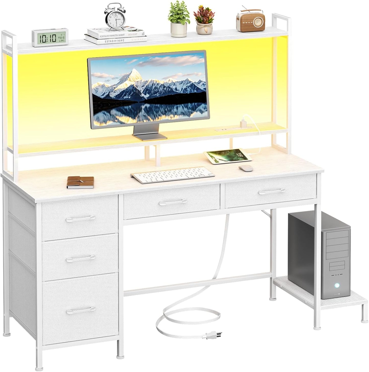 Computer Gaming Desk with Hutch, Home Office Desk with Power Outlets, LED Light, 5 Storage Drawers, 2 Tiers Shelves for Display, 47 Inch Modern Study Writing Table for Bedroom, White