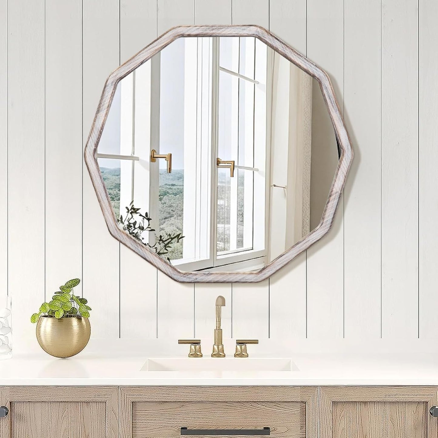 ULIKE White Wood Mirror for Wall, 24 Inch Rustic Farmhouse Mirror with Wood Frame, Decorative Wall Mounted Vanity Mirrors for Bathroom Bedroom Living Room Entryway