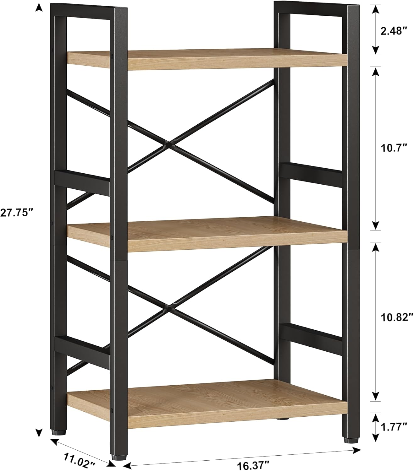Homeiju Bookshelf, 3 Tier Industrial Bookcase, Metal Small Bookcase, Rustic Etagere Book Shelf Storage Organizer for Living Room, Bedroom, and Home Office(Light Coffee) Patent Pending D29873033