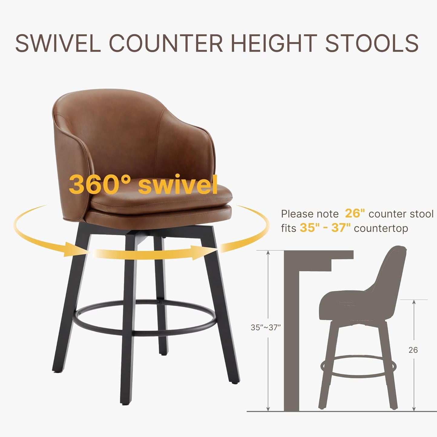 Counter Height Barstools 26 inch Upholstered Swivel Bar Stools with Back and Wood Legs for Kitchen Island,Set of 2,Brown PU Leather