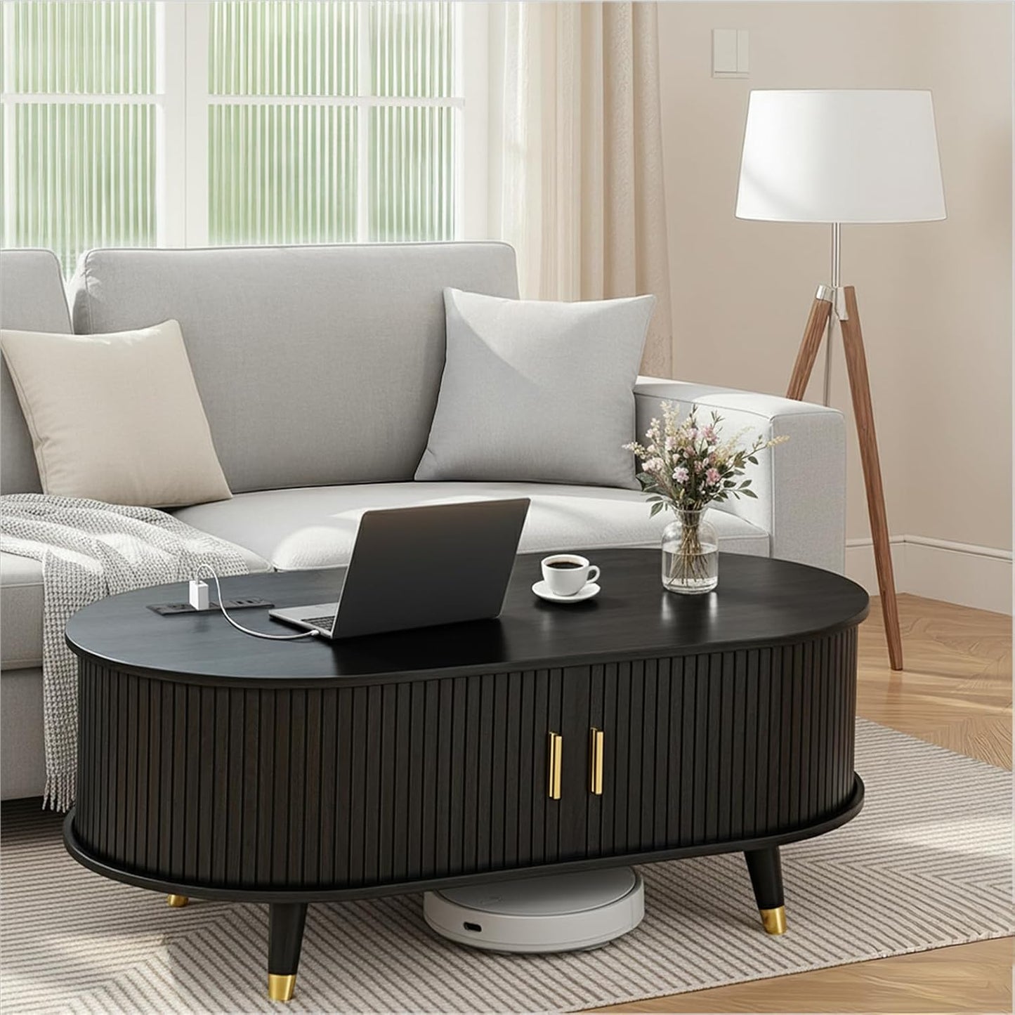 Mid-Century Fluted Oval Coffee Table with 360° Tambour Doors, Hidden Storage, Solid Wood Legs & 2 AC+2 USB Charging Station, Modern Coffee Table for Living Room, Apartment, Black