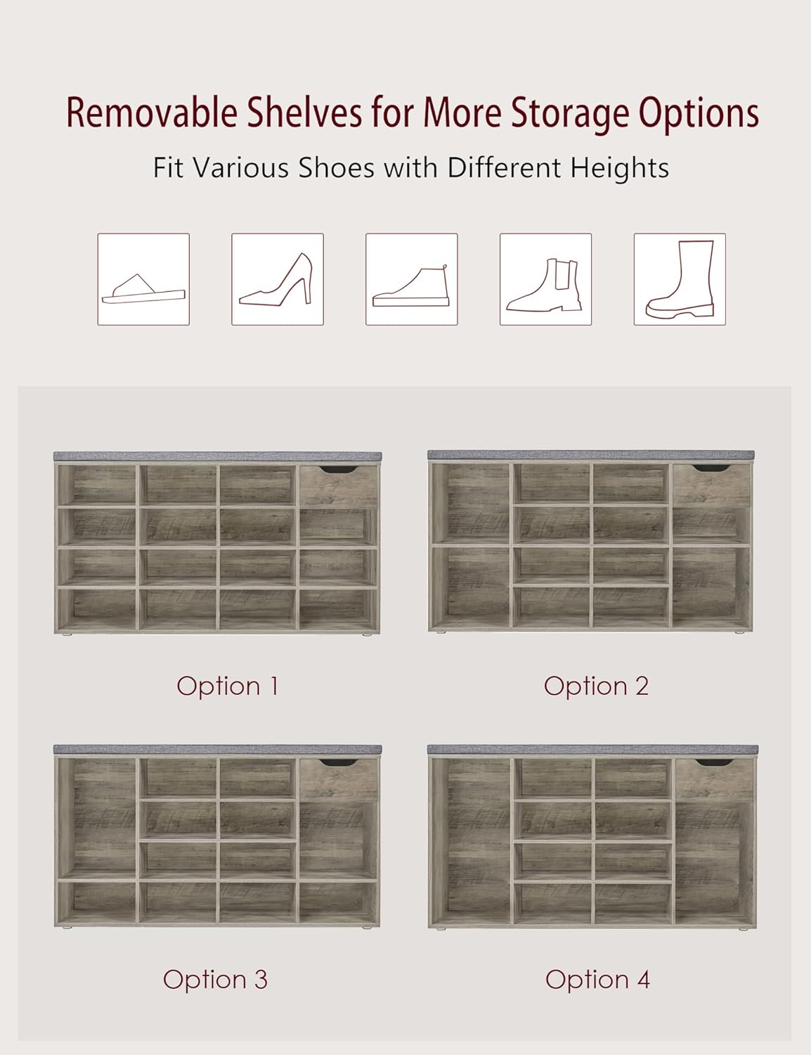 DINZI LVJ Shoe Bench, Entryway Storage Bench with Drawer and 15 Cubbies, Cubby Shoe Rack with Adjustable Shelves, Shoe Organizer Cabinet for Living Room, Bedroom, Mudroom and Garage, Gray Wash