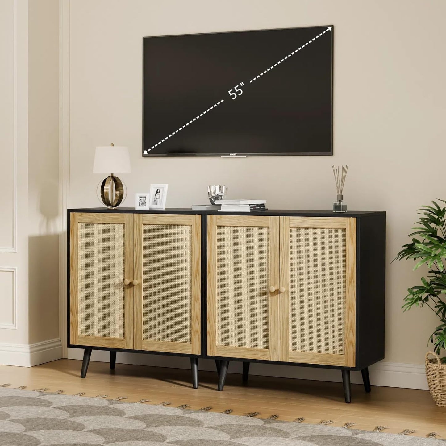 Set of 2 Rattan Sideboard Buffet Cabinets, Accent Cabinets with Adjustable Shelves & Rattan Doors, Ideal for Kitchen & Entryway Storage, Black
