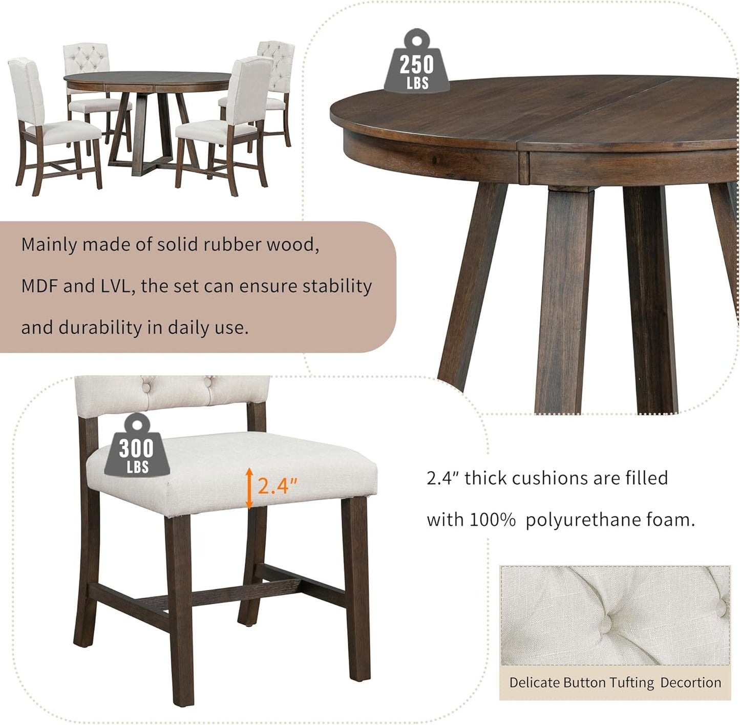 Ball & Cast 5 Piece Dining Table Set with 4 Upholstered Chairs,Living Room Furniture W/ 42" Table,Tabletop Can be Adjusted from Round to Oval in Shape,for Restaurant,Home Bistro,Walnut