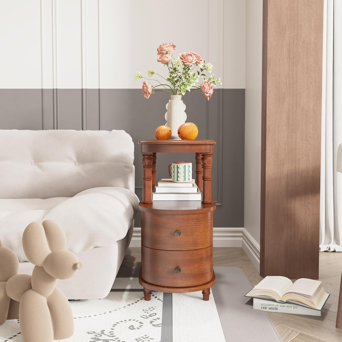 Wood End Table with 2 Drawers and Storage Shelf, Narrow Sofa Side Table for Living Room, Vintage Slim Nightstand Bedside Table for Bedroom, Slim Chair Side Table Cherry Brown BG-A508-MG