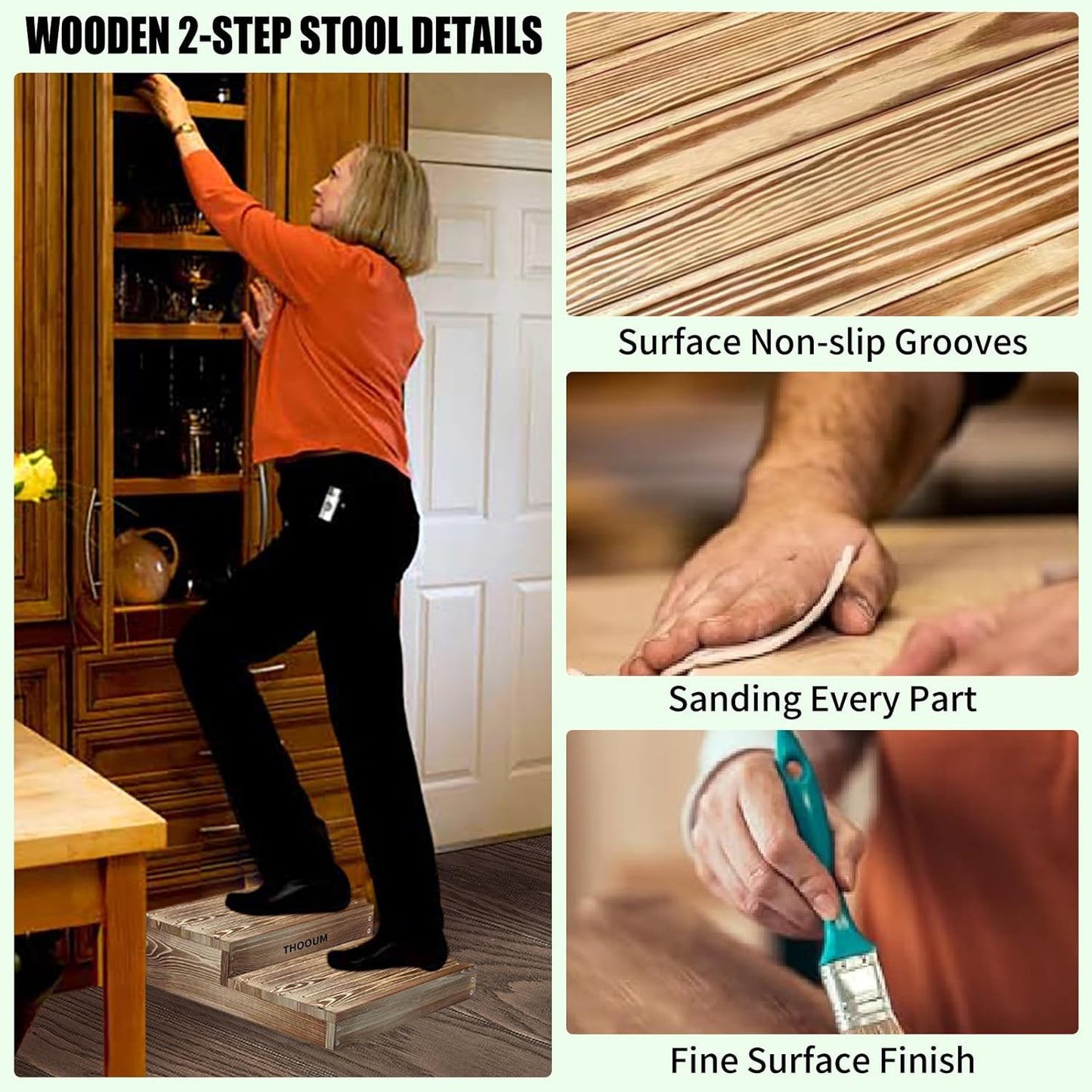 Wooden 2 Step Stool for High Beds, Moderate & Applicable 2-Step Stools for Seniors, Solid Wood steppingStool, Built-in Handle for Easy Carrying, 20.0" W