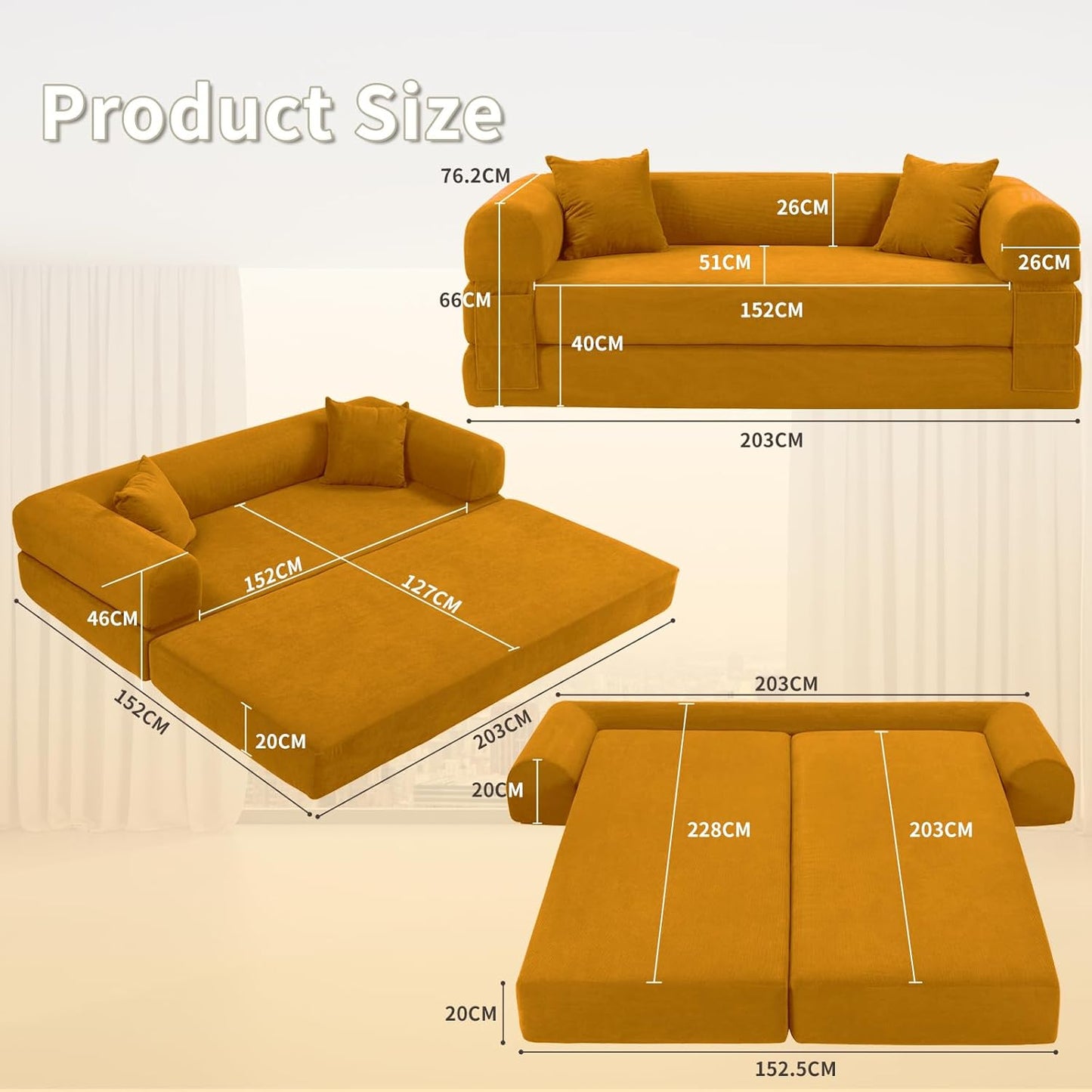 80" Convertible Sofa Bed, 3-in-1 Corduroy Folding Pull Out Couch with Pillows, No Assembly Modern Boneless Couch Compression Sofa in Box, Floor Sofa with Side Storage Pocket for Living Room, Yellow