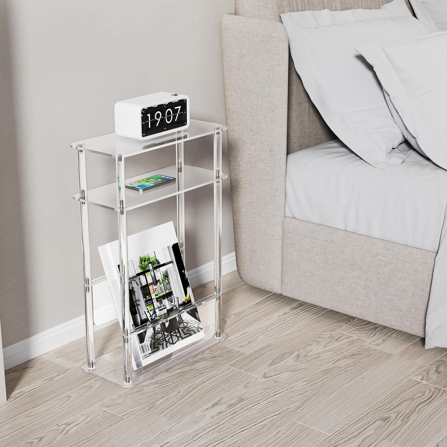 HMYHUM Acrylic Narrow End Table for Small Spaces with Magazine Holder, Slim Side Small Nightstand/Bedside Table for Living Room, Bedroom, 3 Tier, 15.7" L x 7" W x 23" H, Clear