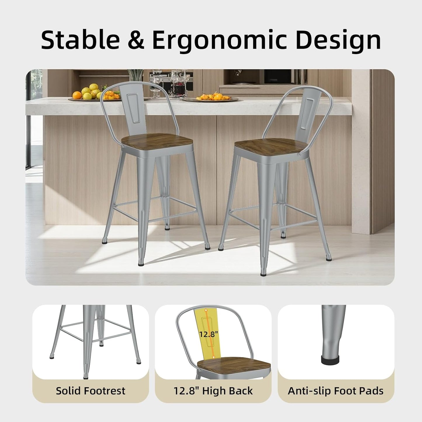 Metal Bar Stools Set of 4, High Back Bar Stools with Wooden Seat, 30 inch Silver Barstools for Kitchen Island