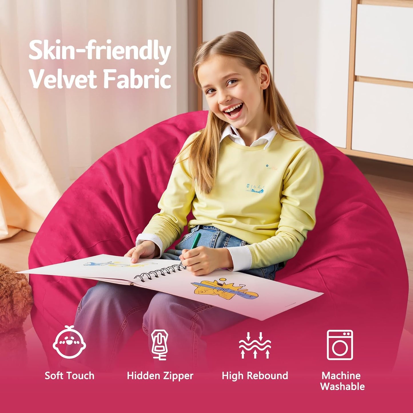 Homguava 2FT Bean Bag Chair: 2' Bean Bags with Memory Foam Filled,Comfy Beanbag Chairs Round Bean Bag Sofa with Dutch Velvet Cover-Pink