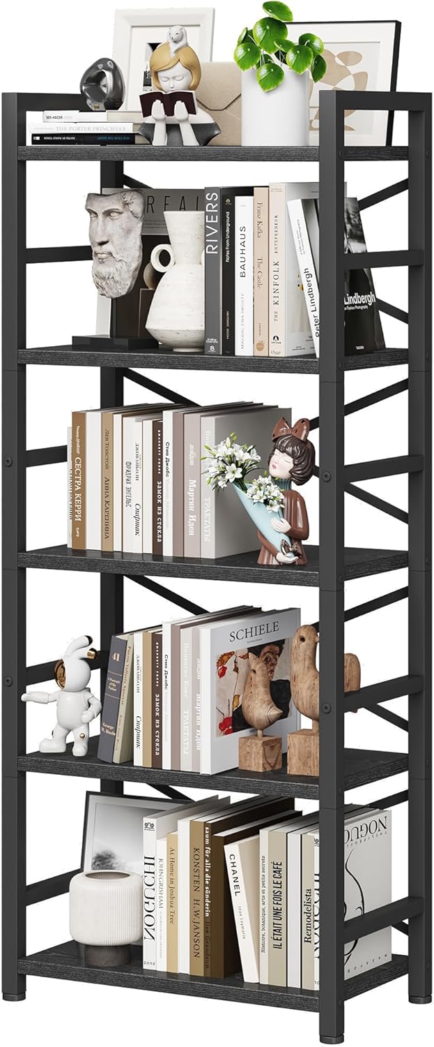 Homeiju Organization and Storage,Tall Bookcase with Shelves, Wood and Metal Book Shelf Storage Organizer, Industrial Display Standing Shelf Unit for Bedroom, Living Room, Black