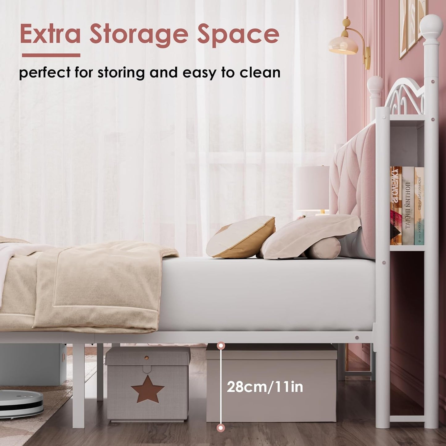 Full Upholstered Canopy Bed Frame with 2 Drawers & Crystal Tufted Storage Headboard Two-Purpose Metal Platform Bed with 4 Removable Posts & Charging Station Pink Princess Bed, Curtain Not Included