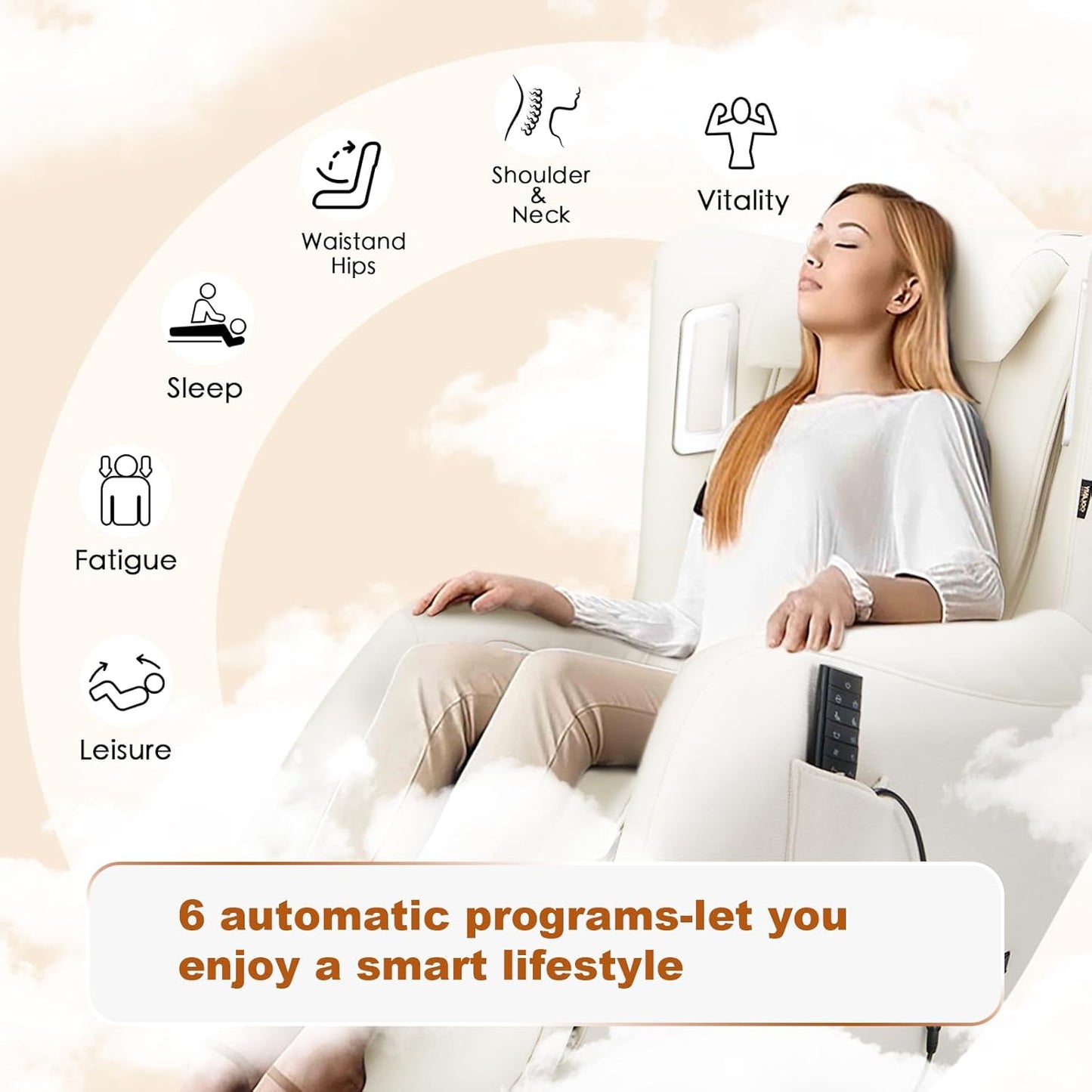 COLAMY Zero Gravity Massage Chair with 4-Zone Massage, Dual Lumbar Heat, Airbag Compression, 360° Swivel, Built-in Bluetooth Speakers & USB Charging, White