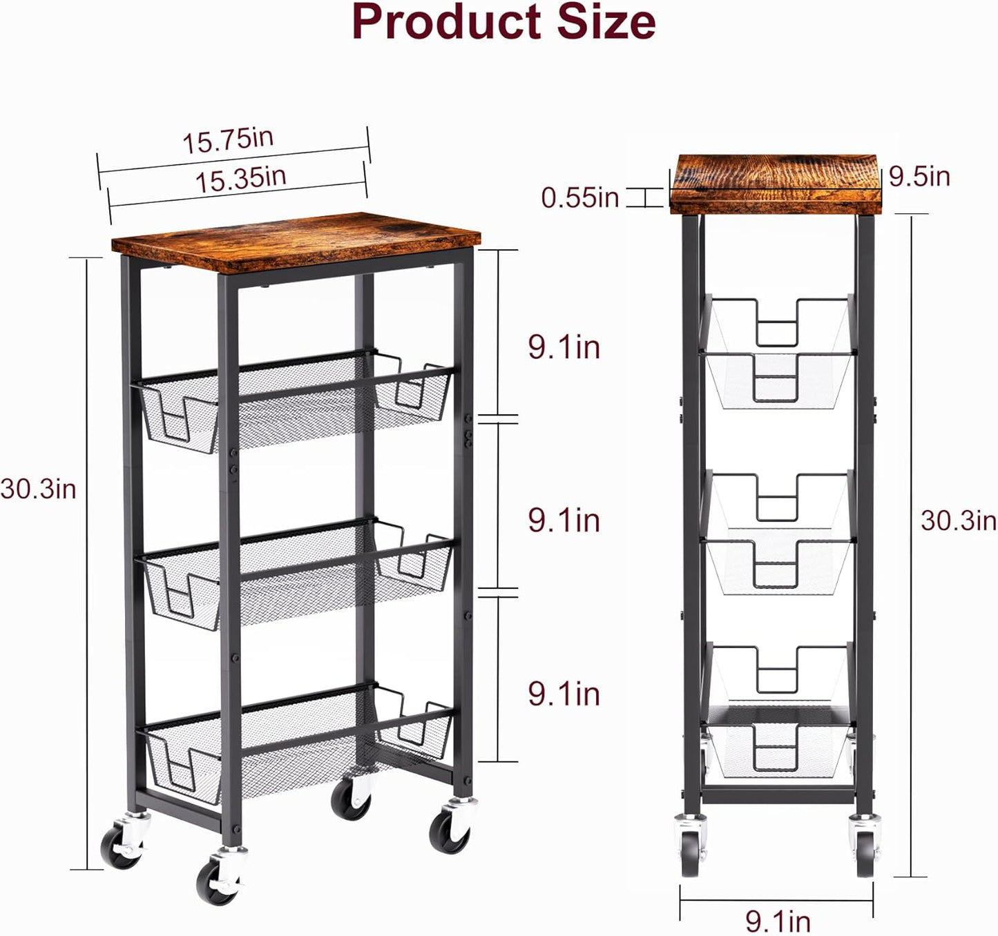 Slim Rolling Cart, 4-Tier Storage Cart, 9.1inch Narrow Kitchen Rolling Cart on Wheels for Small Space, Utility Cart Shelving Unit with Wooden Top and Metal Handle for Kitchen, Bathroom, Laundry Room