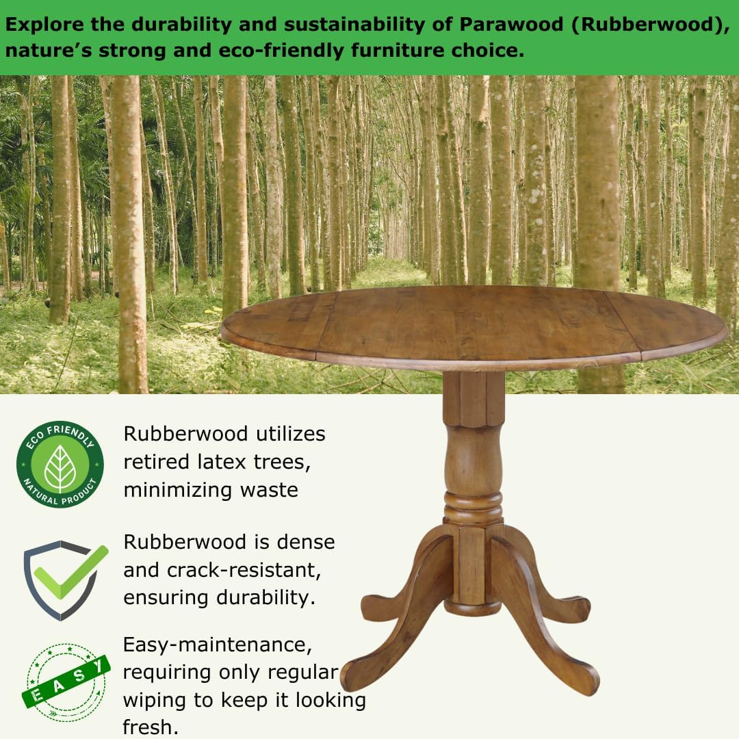 42" Round Dual Drop Leaf Pedestal Dining Table Solid Wood, Easy Assembly, Sturdy Parawood, Kitchen/Dining Room, 29.5"H x 42"W x 42"D, 20mm Thickness Top, Includes Two 9" Drop Leaves