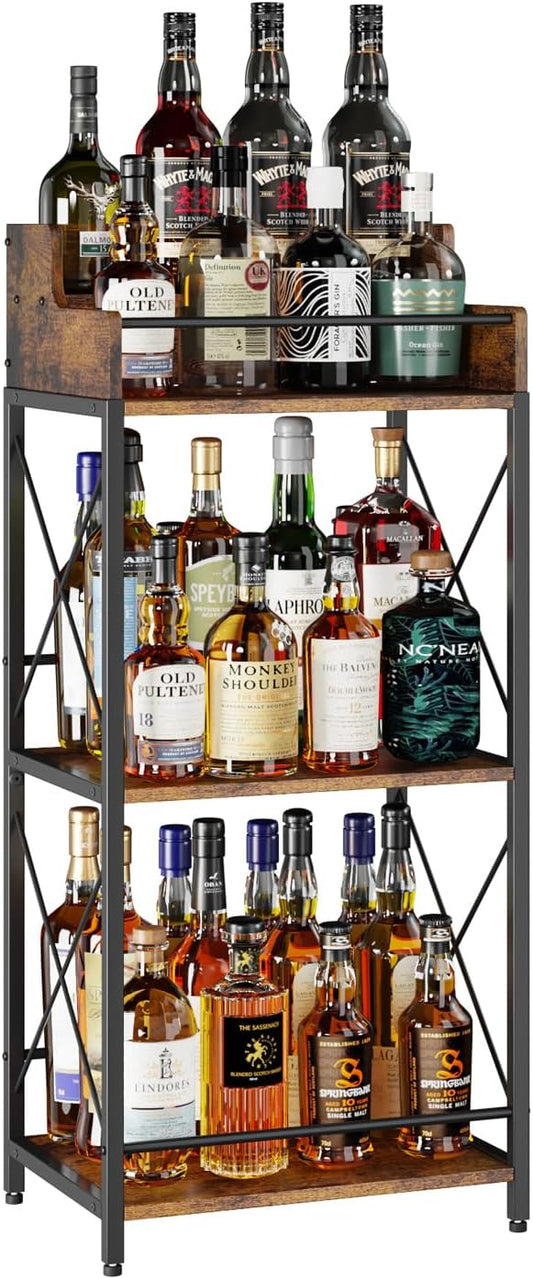KLM Liquor Bottle Display Shelf, Coffee Syrup Rack Organizer, 3 Step Countertop Wine Rack, Mini Bar, Retro Bar Shelf Stand for Whiskey, Spirits
