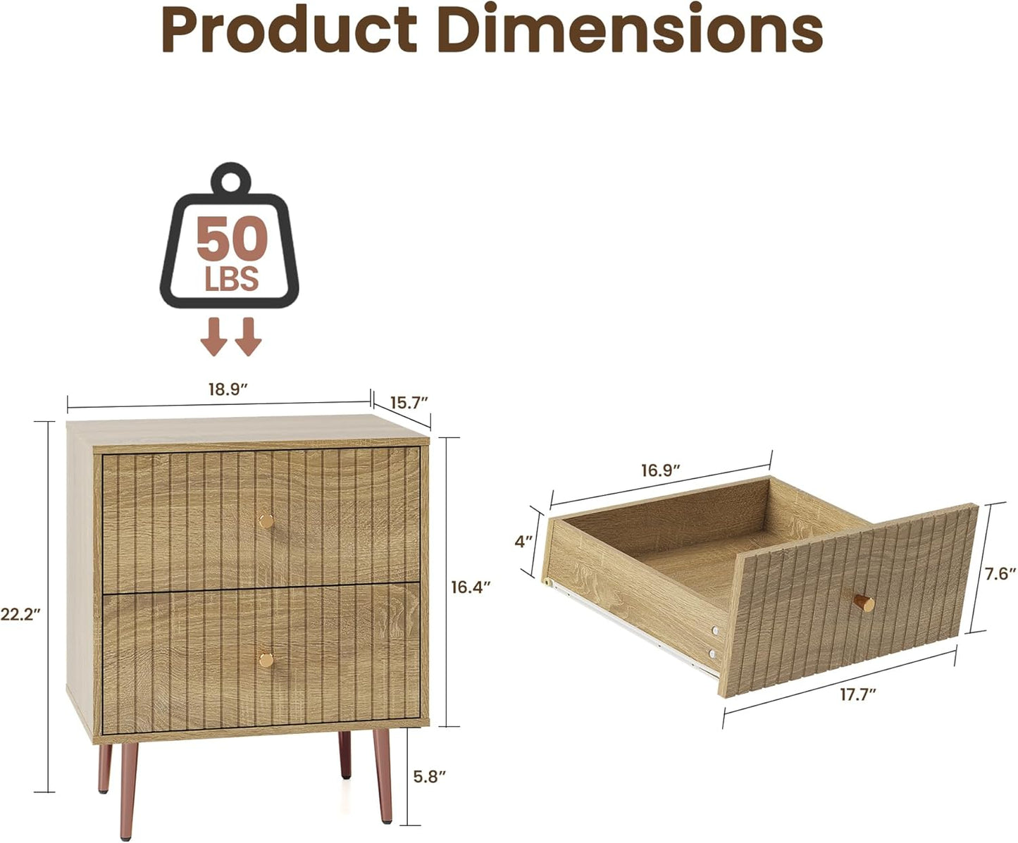 Black Night Stand Set 2,Fluted Nightstand with Door and Open Storage Space,Modern Bedside Table and Wood End Side Table with Golden Metal Legs and Handles for Bedroom,Black (Wood, 2 Drawers)