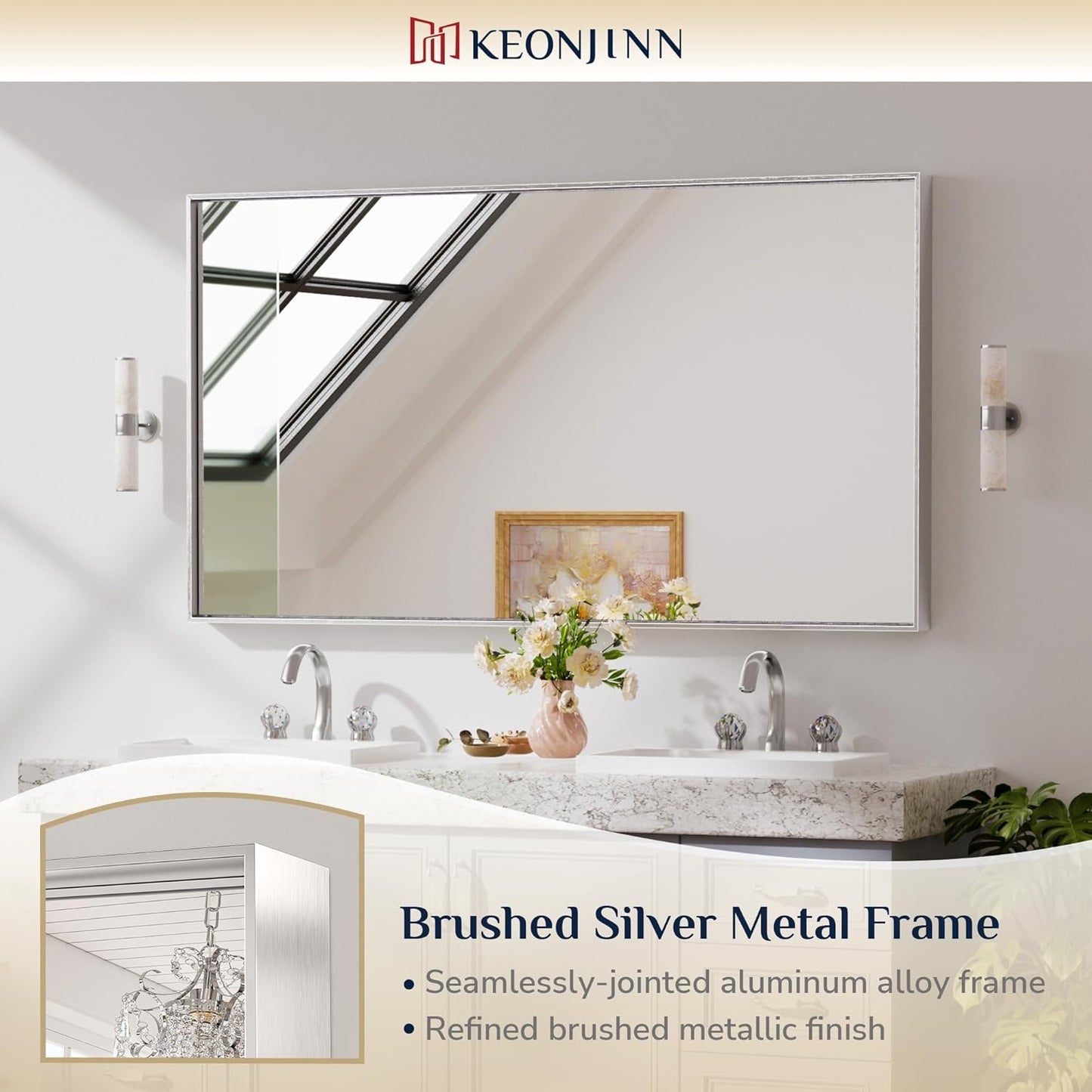 Keonjinn 55 x 30 in Brushed Silver Bathroom Vanity Mirror, Large Silver Framed Mirror for Over Sink, Metal Framed, Rectangle Square Corner, Modern Farmhouse Decorative(Horizontal/Vertical)
