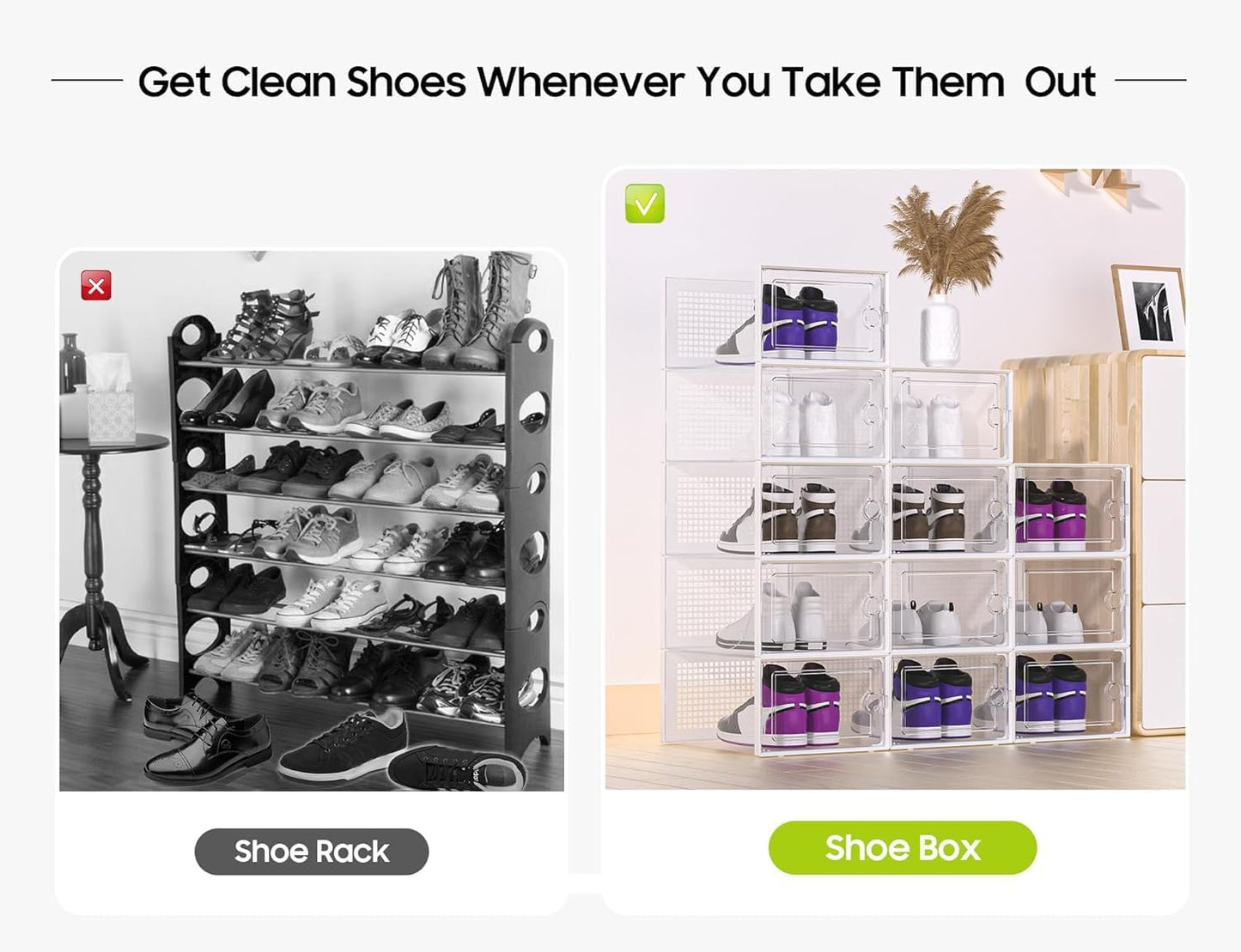 Kuject X-Large Shoe Storage Boxes Organizers Clear Plastic Stackable 12 Pack, Shoe Rack & Holder Substitute, Sneaker Containers, Toy Storage Organizer Bins for Entryway, Closet, Under Bed, Blue