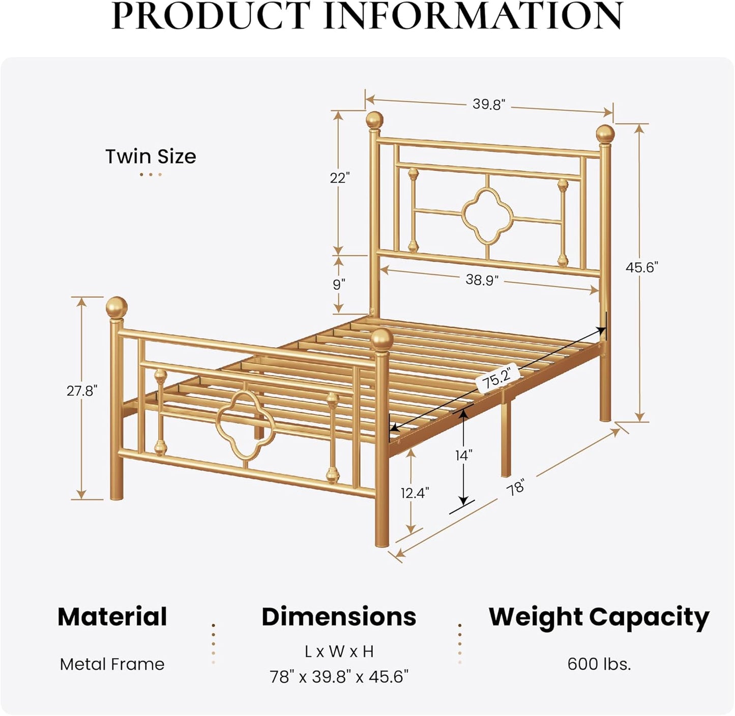 SHA CERLIN 14 Inches Twin Size Metal Platform Bed Frame/Vintage Iron-Art Headboard and Footboard/Mattress Foundation/No Box Spring Needed/Noise-Free/Easy Assembly/Gold