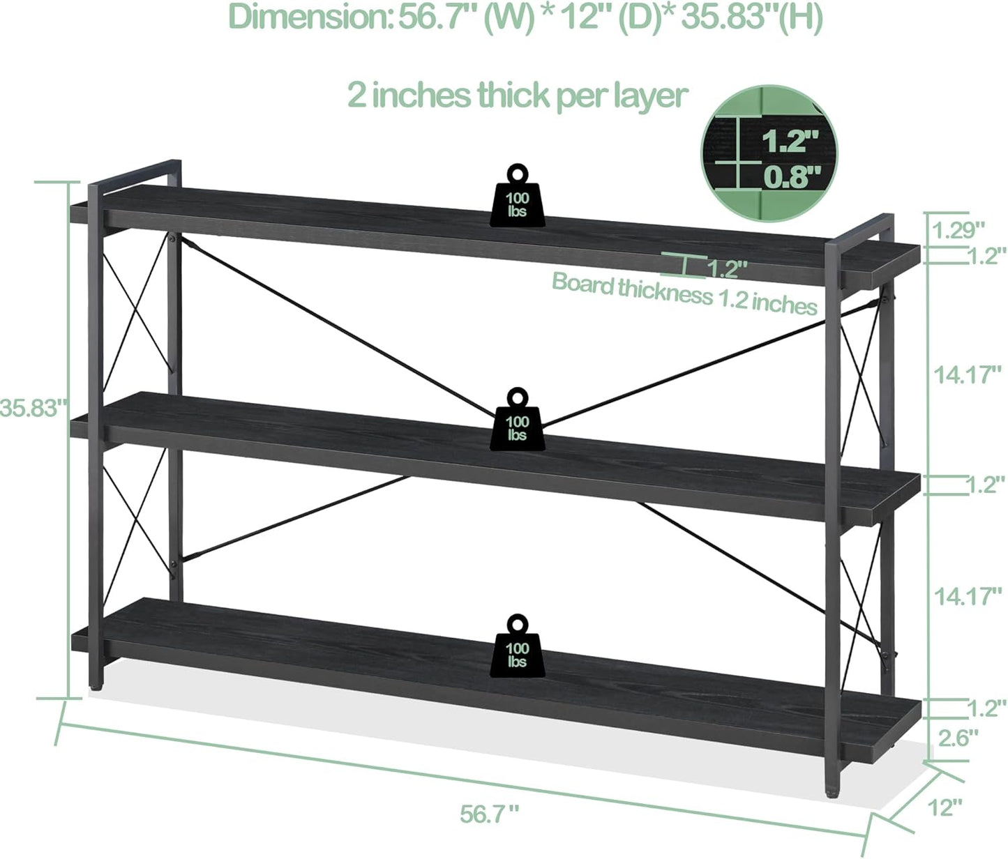 HCHQHS Bookshelf, 3-Tier Long Industrial Bookcase, Black Open Book Shelf, Freestanding Horizontal Bookshelves with Metal Frame