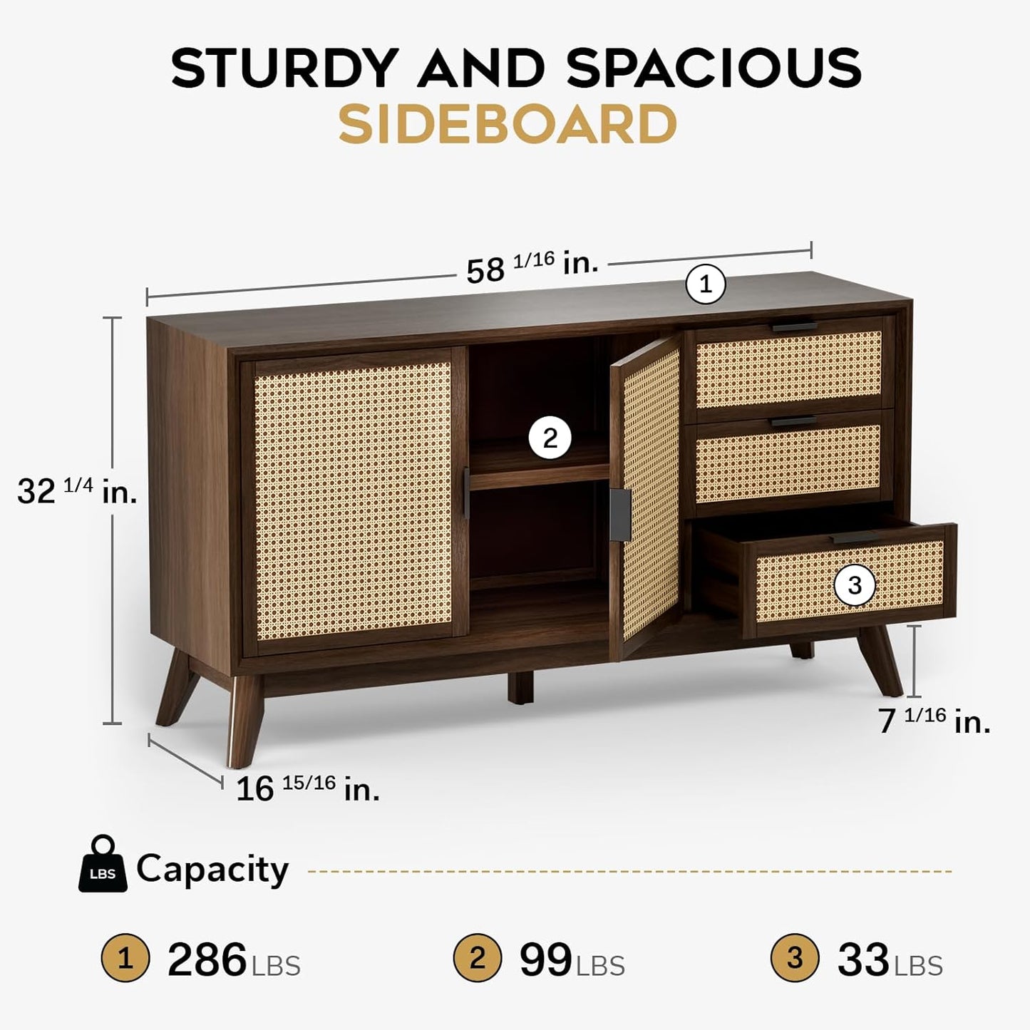 Bme Jasper Sideboard with 3 Drawers & 2 Rattan Doors, Buffet Cabinet with Storage for Dining Room, Living Room, Adjustable Shelves, Walnut