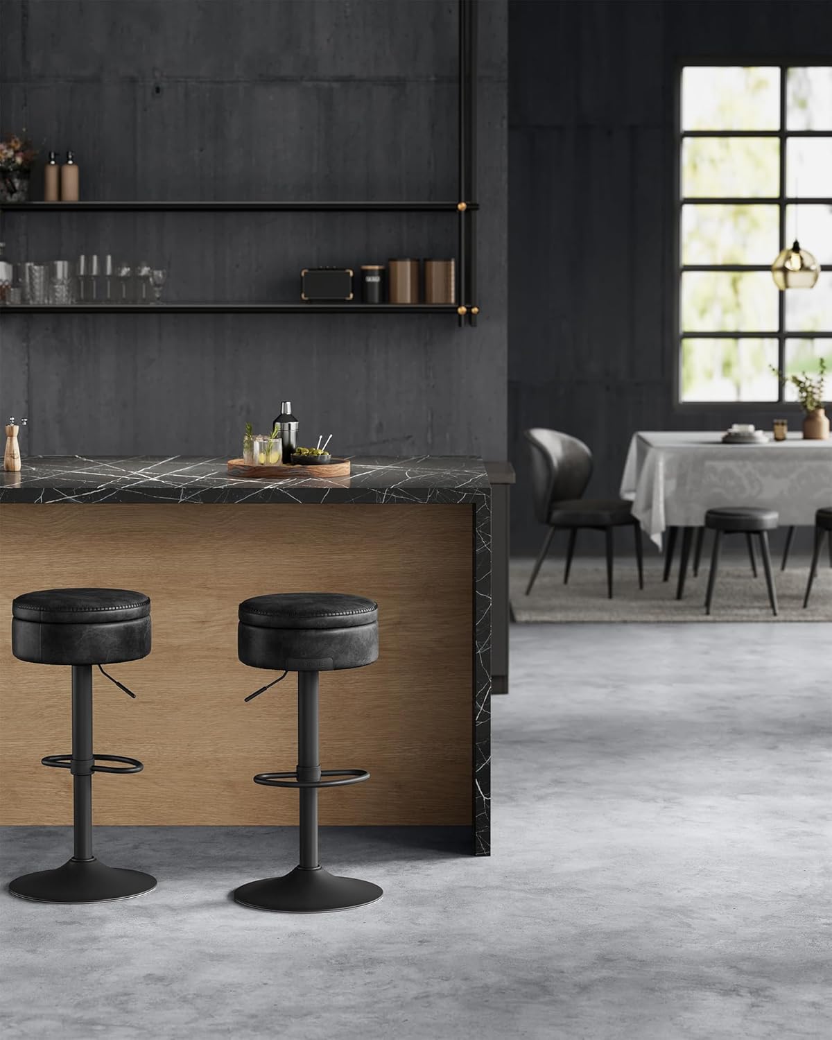 VASAGLE EKHO Collection - 360° Swivel Bar Stool, Height Adjustable Barstool with Storage, Synthetic Leather with Stitching, Mid-Century Modern, Kitchen Bar, Easy Assembly, Ink Black
