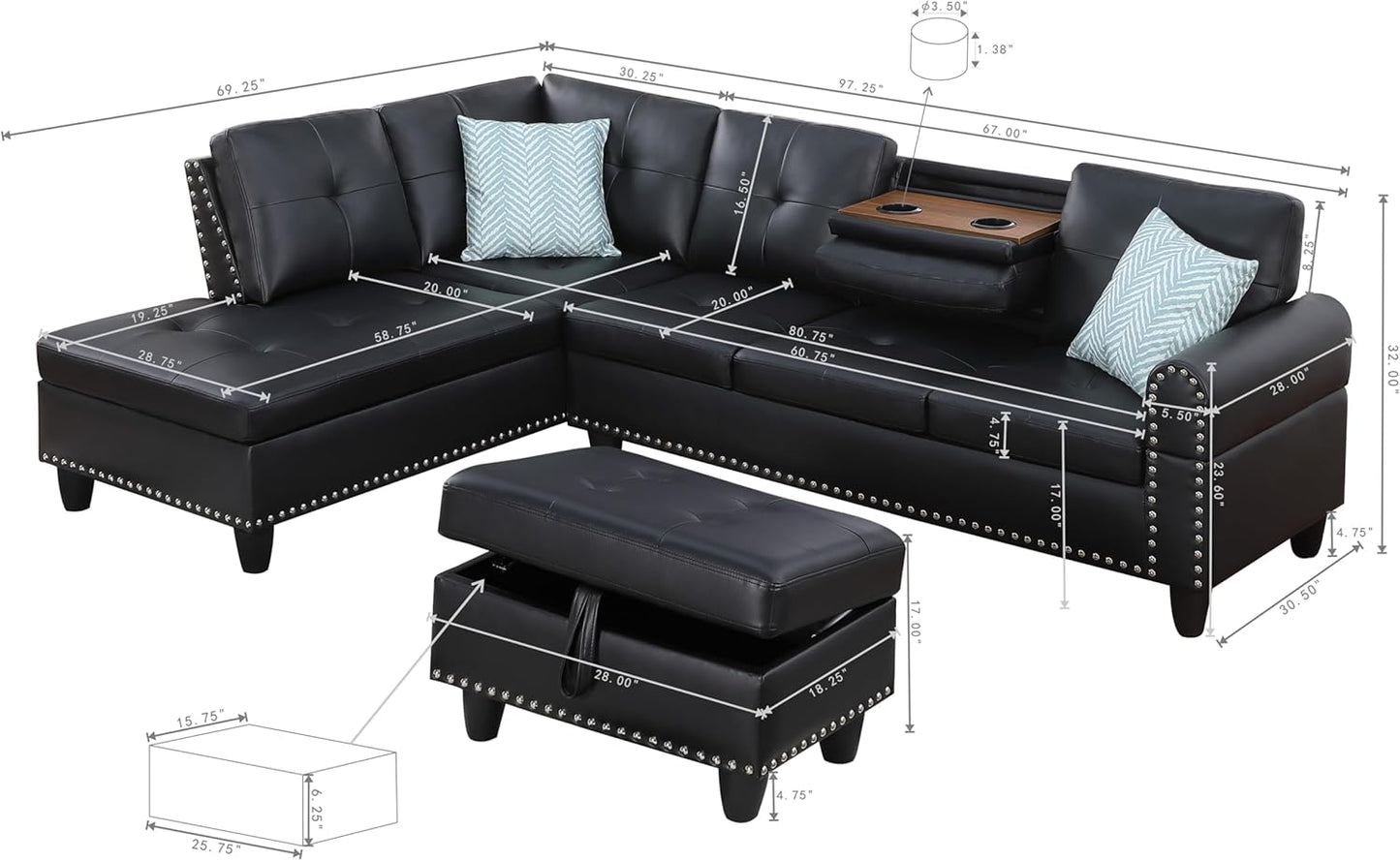 Ball & Cast 98" L Shaped Sectional Couch for Living Room with Chaise & Storage Ottoman,4 Seat Faux Leather Upholstered Modular Sectional Sofa Set 3 PCS W/Cup Holder&Nailhead Trim,for Home,Office,Black