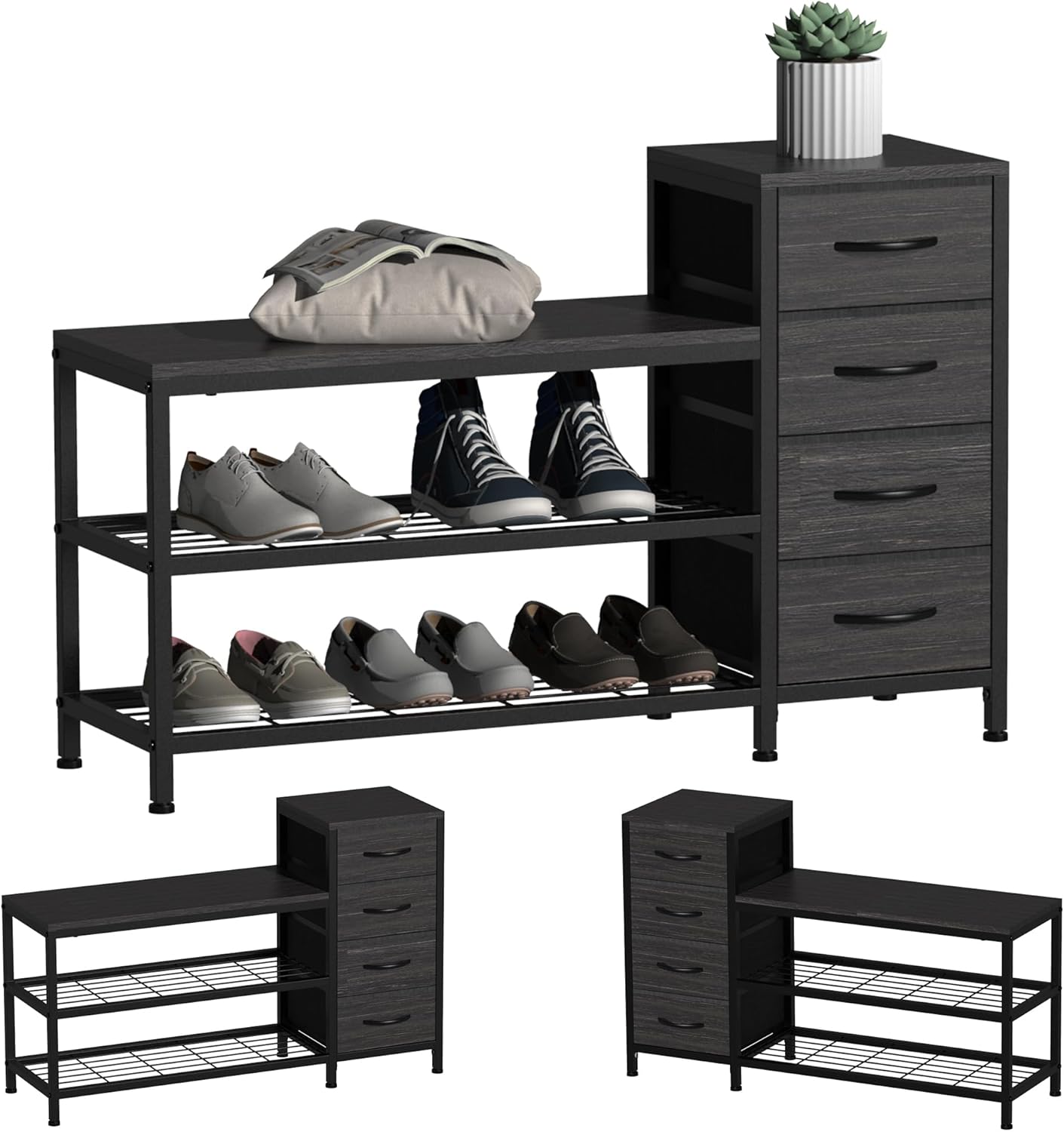 EXOTICA 3 Tier Entryway Bench Shoe Storage Bench with 4 Fabric Drawers Metal Frame and Wooden Board Shoe Rack Bench with Seat for Entryway Hallway Front Door Doorway