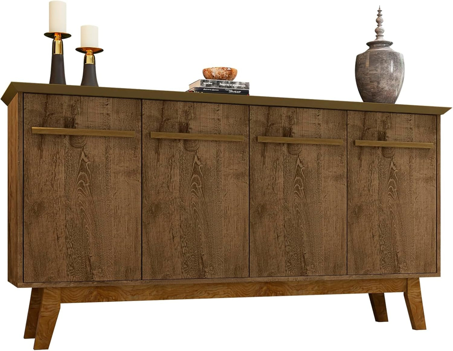 Manhattan Comfort Yonkers 63 Inch Buffet Sideboard with 2 Cabinets & Soft Close Doors, Storage Furniture with Stylish Beveled Top, Solid Wood Legs, Rustic Brown