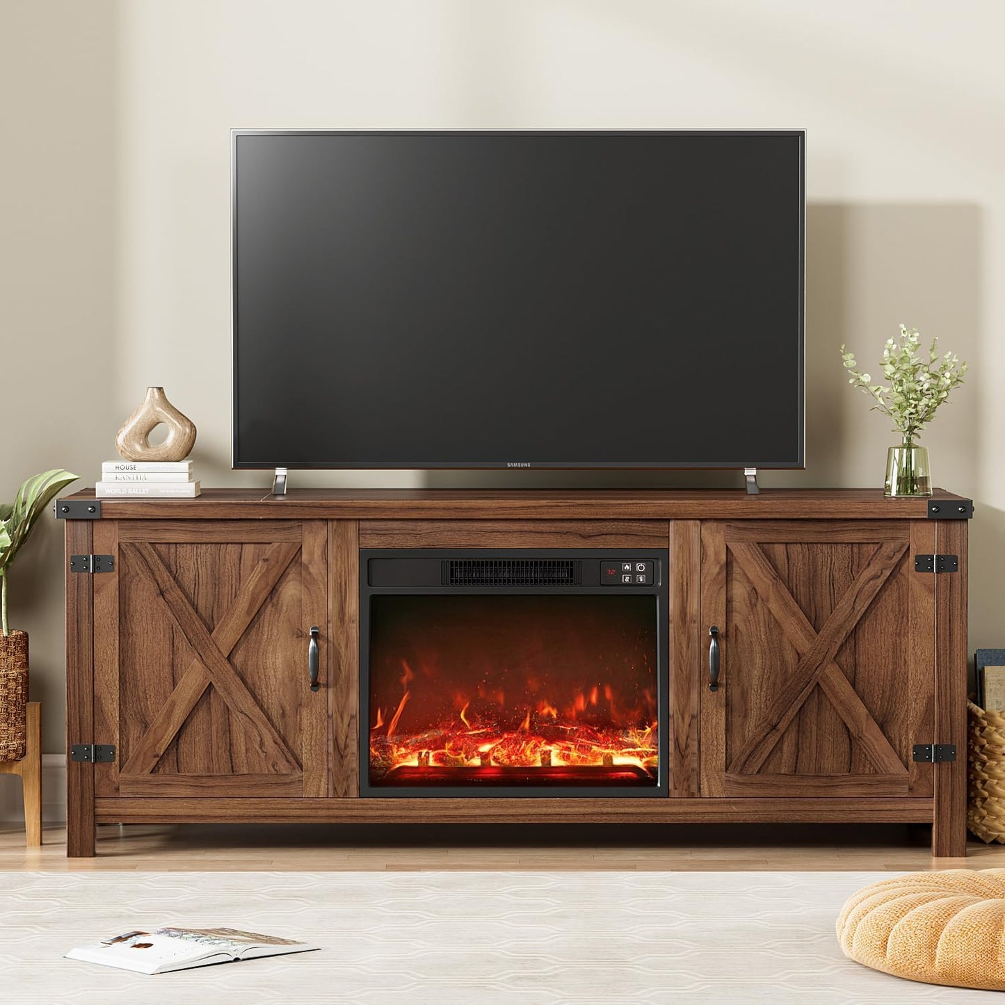 YESHOMY Fireplace TV Stand with Two Barn Doors and Storage Cabinets for Televisions up to 65+ Inch, Entertainment Center Console Table, Media Furniture for Living Room, 58 Inch, Brown