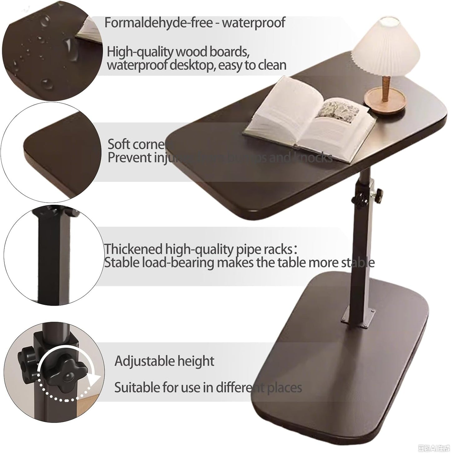 Pedestal C-Shaped Adjustable Small End Tables for Small Spaces Side Table，Desktop can Turn 360° and The Height of The Sofa Side Table can be Adjusted（Black Desktop + Black Bottom）