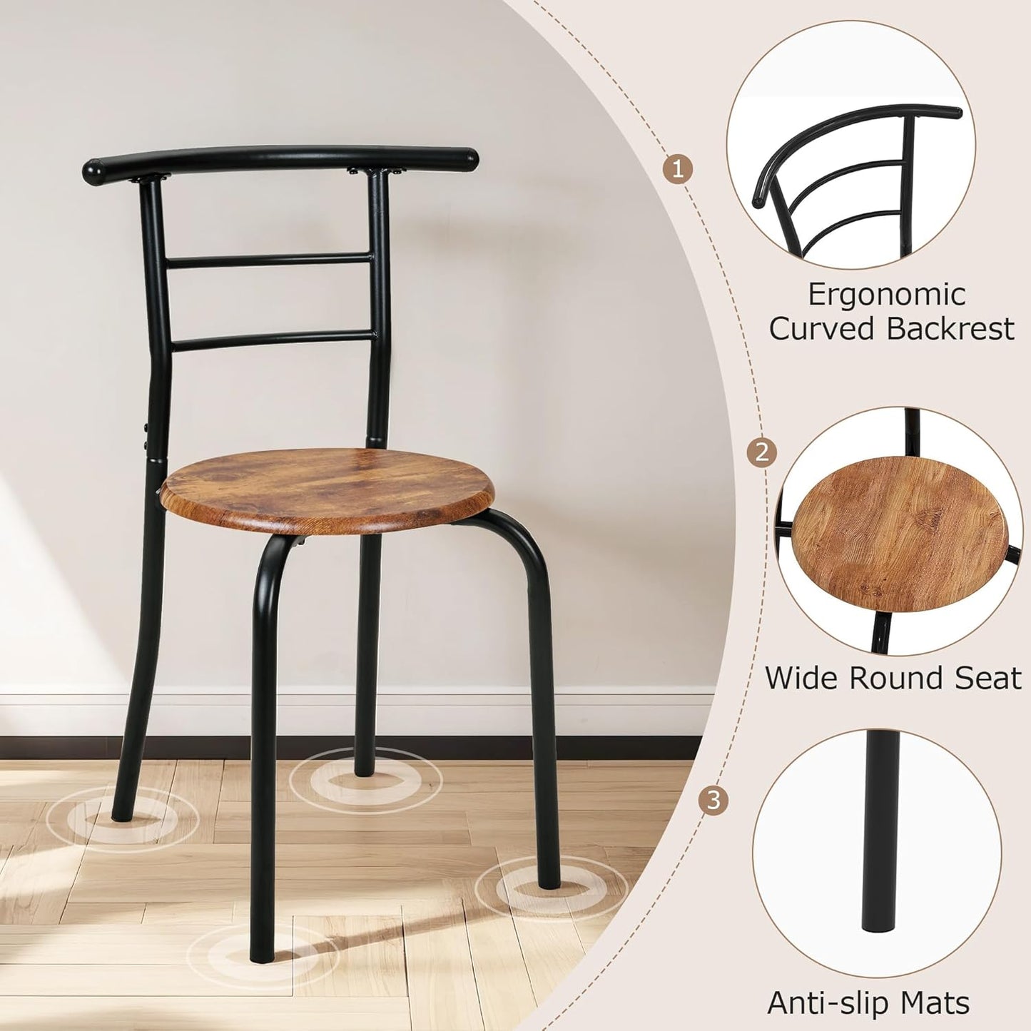 VECELO Dining Table Set for 2, 3-Piece Modern Dinette with Chairs for Small Space, Kitchen, Breakfast Nook, Brown