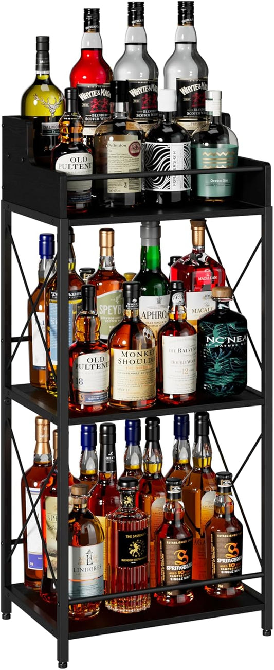 KLM Liquor Bottle Display Shelf, Liquor Cabinet bar for Home, 4 Step Liquor cabinetck, Mini bar,Liquor Cabinet, Home Retro Bar Shelf Stand for Liquor Whiskey, Spirits（Black）