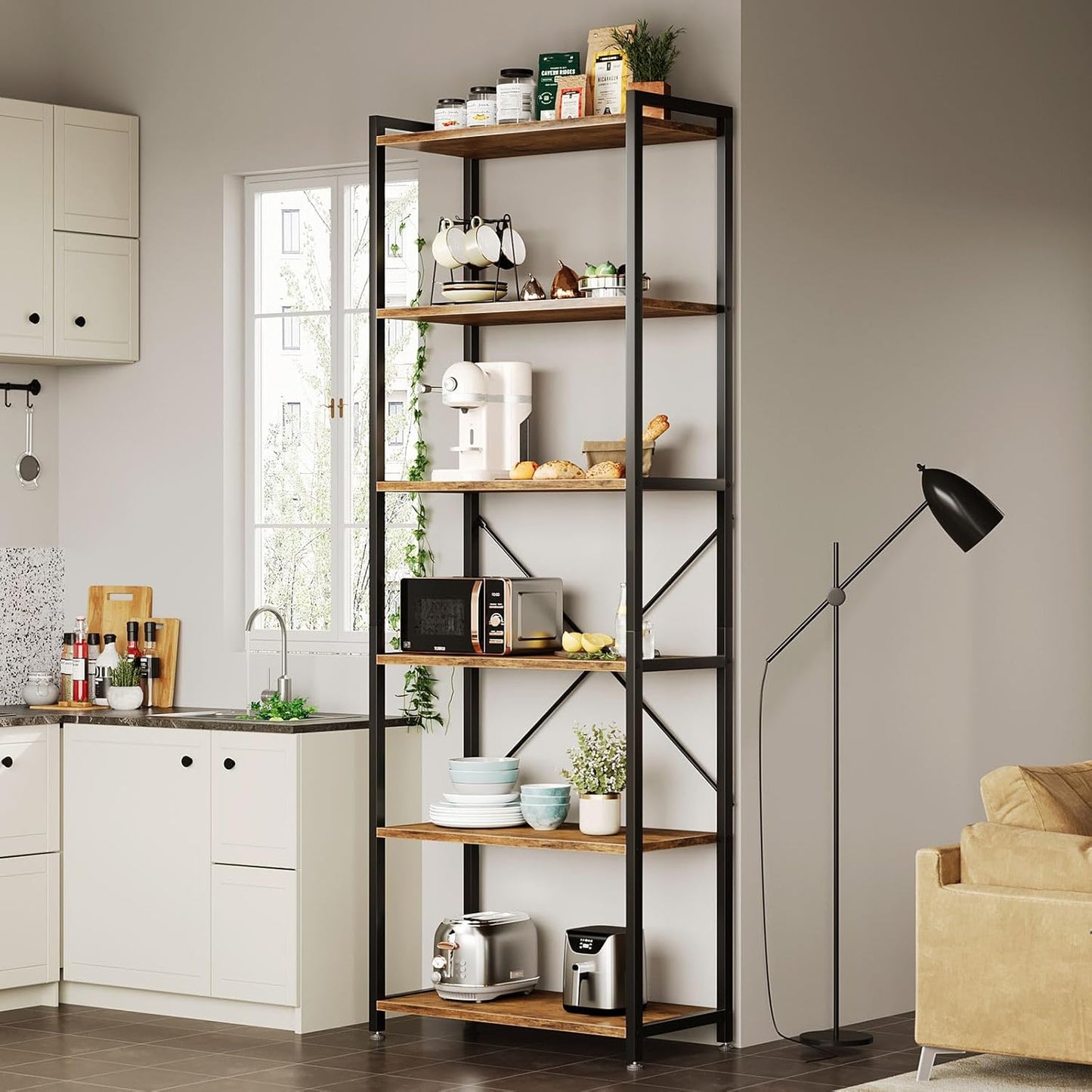 Casaottima Book Shelf, 6 Tier Tall Bookshelf, Modern Wood Bookcase Shelves for Bedroom, Industrial Display Shelf for Living Room Home Office Kitchen, Standing Shelving Unit Storage Organizer, Vintage