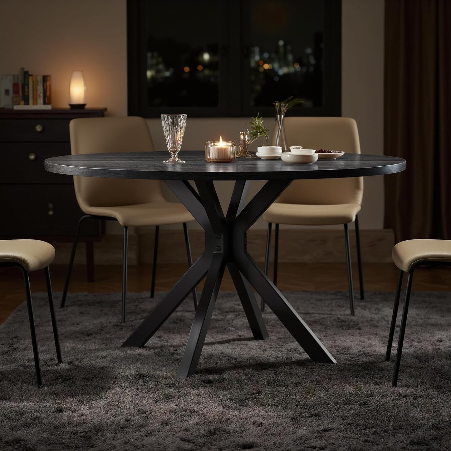 47 Inch Round Dining Table for 4, Modern Round Dinner Table Small Mid Century Dining Room Tables, Leisure Kitchen Tables for Small Space, Kitchen, Living Room, Steel Legs, Black