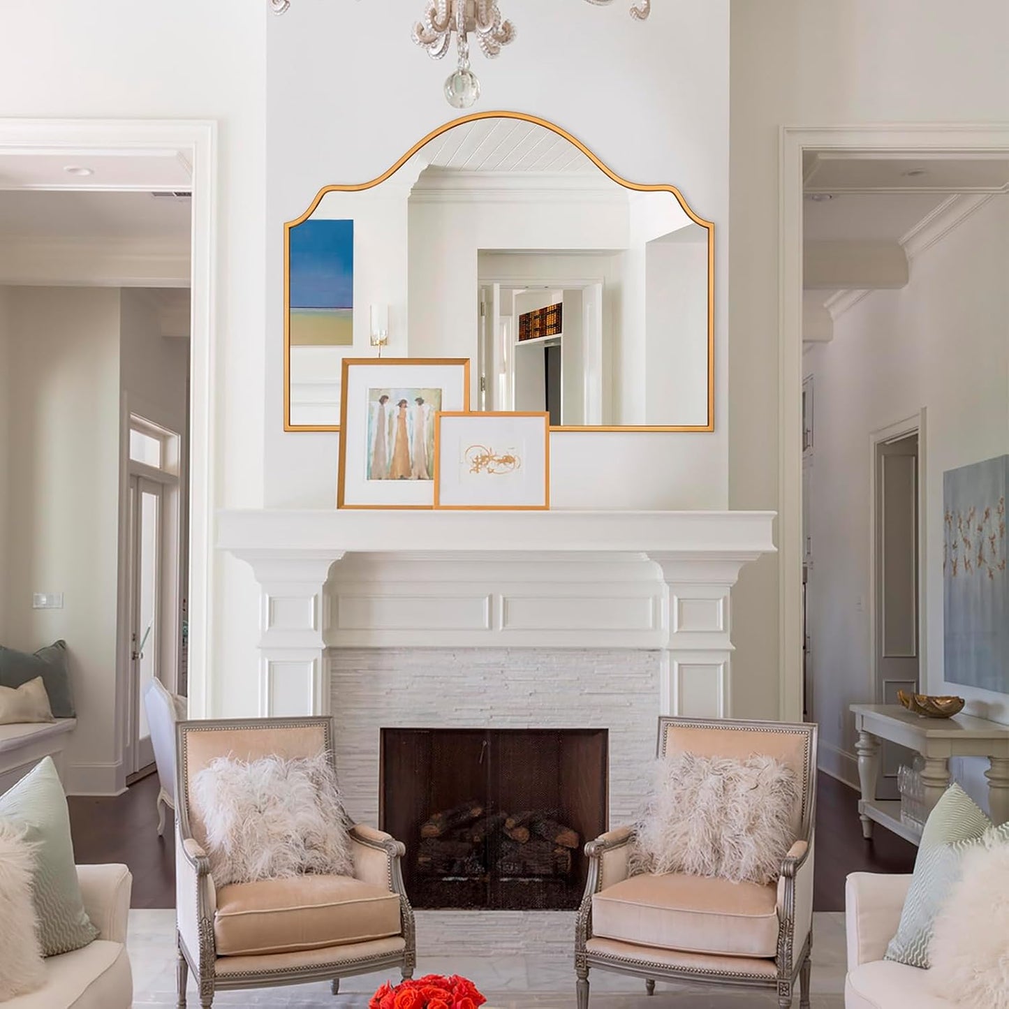 Chende Large Gold Mirror with Arched Top, 47" x 32" Modern Living Mirror for Wall, Modern Decorative Mirror with Wooden Frame for Entryway, Fireplace, Dining Room