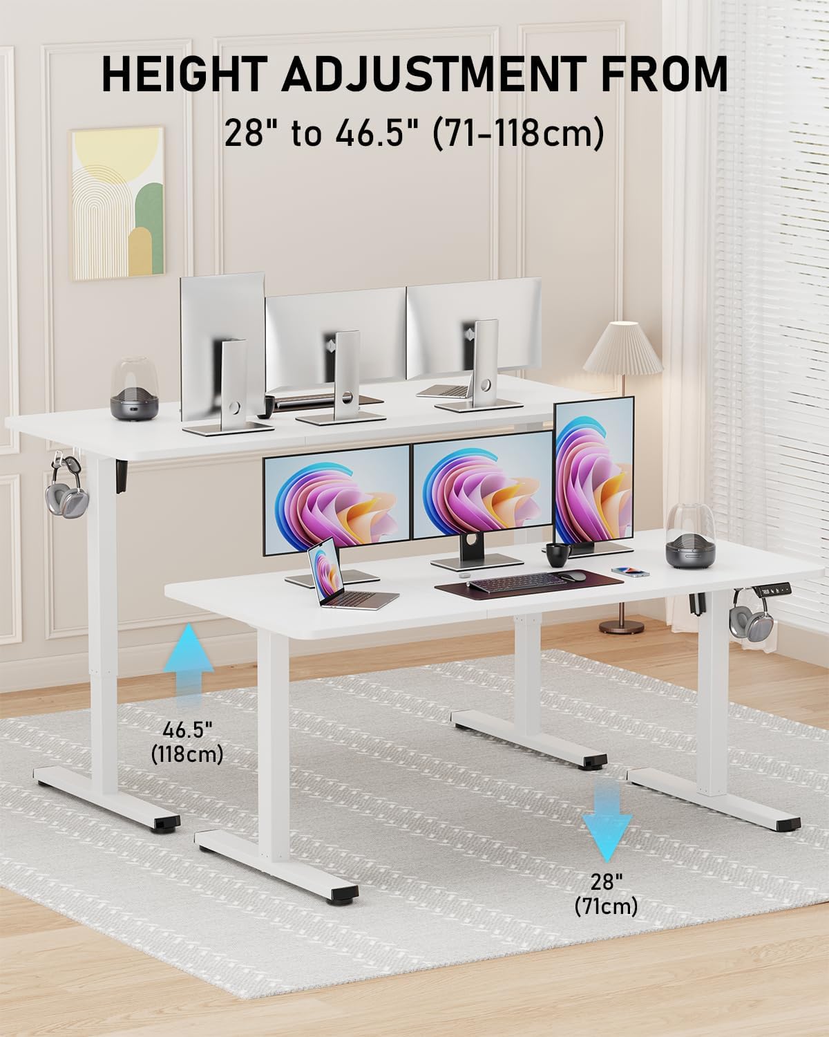 Standing Desk, Large Height Adjustable Electric Stand up Desk, 55 x 24 Inches Sit Stand Home Office Desk, with Splice Board, White Frame/White Top