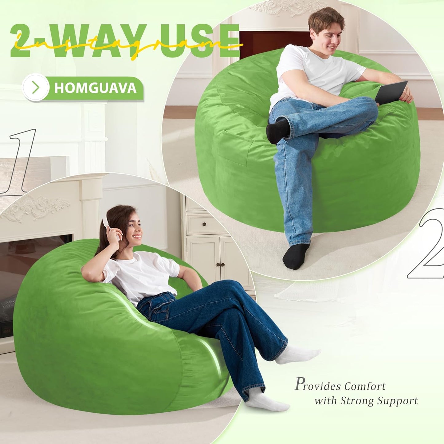 Homguava 3FT Bean Bag Chair: 3' Bean Bags with Memory Foam Filled, Large Beanbag Chairs Soft Sofa with Dutch Velvet Cover-Lime