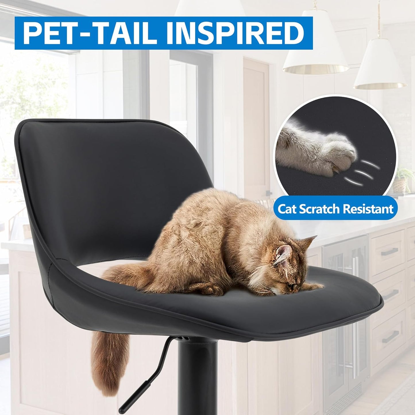 YOUNIKE Black Bar Stools Set of 2 Compact Modern Swivel Barstools, Adjustable Counter Height Bar Stools Faux Leather Upholstered Bar Stool with Hollow Back for Kitchen Island