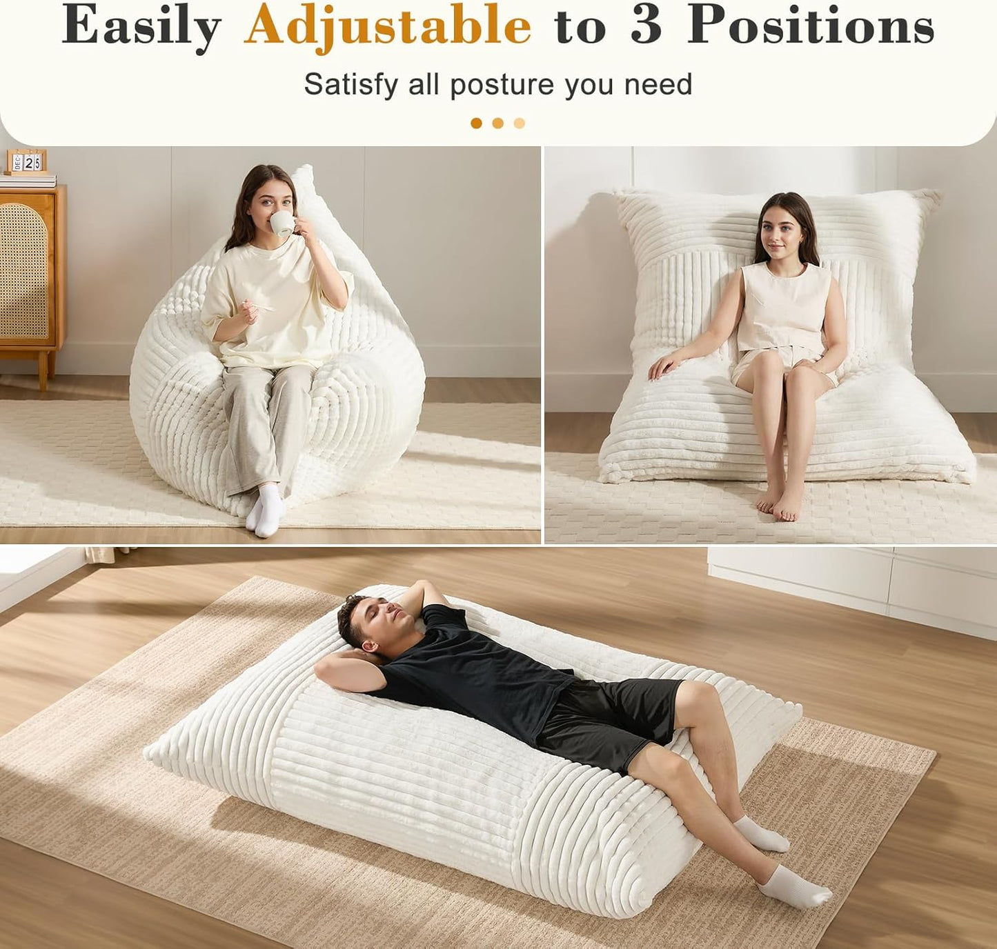 3-in-1 Giant Bean Bag Chair for Adults & Kid, Convertible Floor Sofa to Mattress, High-Density Foam Chair Bed with Washable Cover, Multi Functional Lounge Couch for Bedroom, Living Room (Beige)