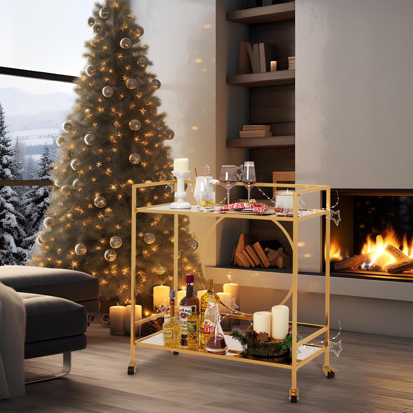 RiteSune Gold Bar Cart, Modern Wine Cart with Wheels, Home Bar Serving Carts with 2 Tier Mirrored Shelves, Wine Bar Carts for The Home, Dining Room, Kitchen